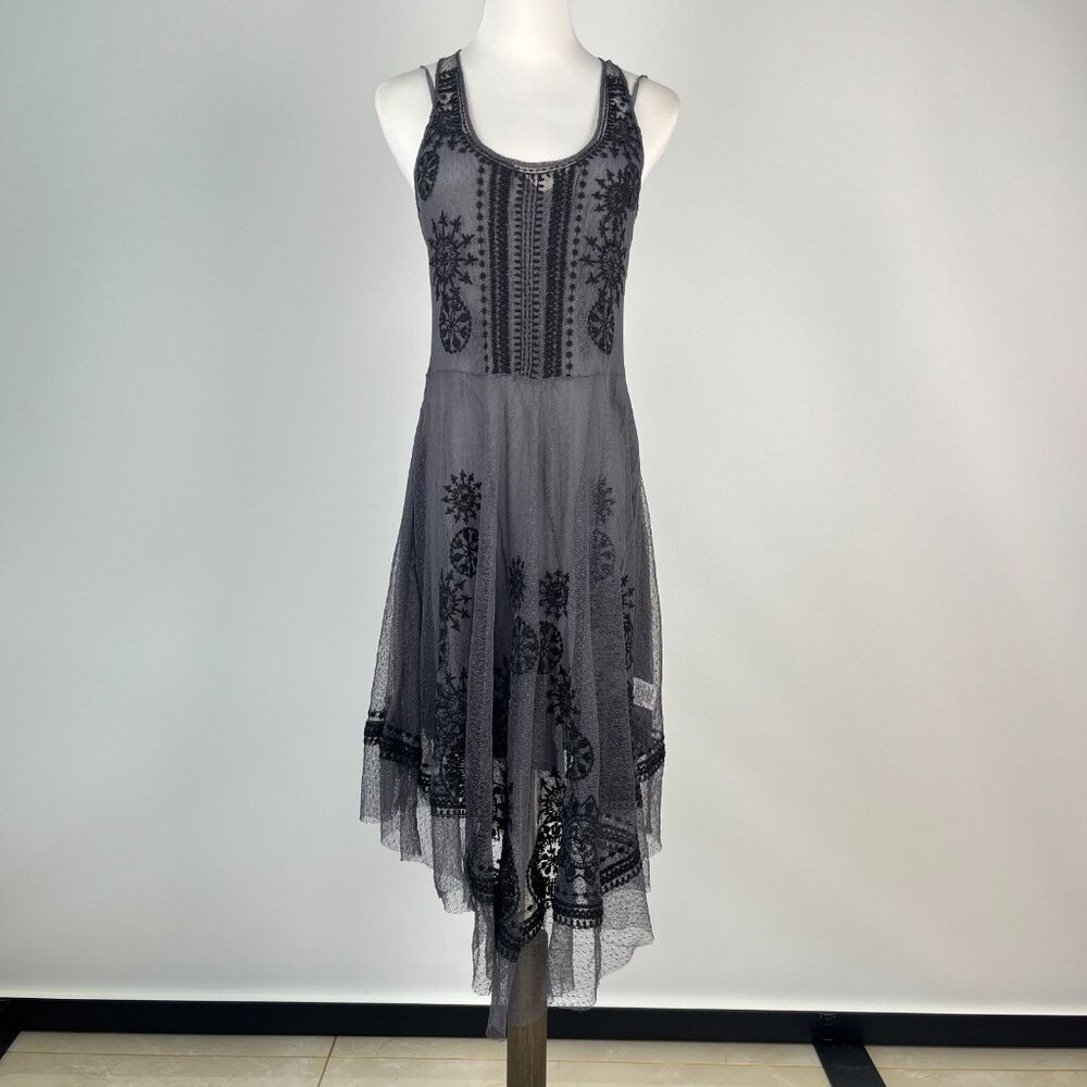 NWOT Johnny Was Biya Floral Mesh Embroidered Irregular Midi Dress Grey Size S - Picture 2 of 12